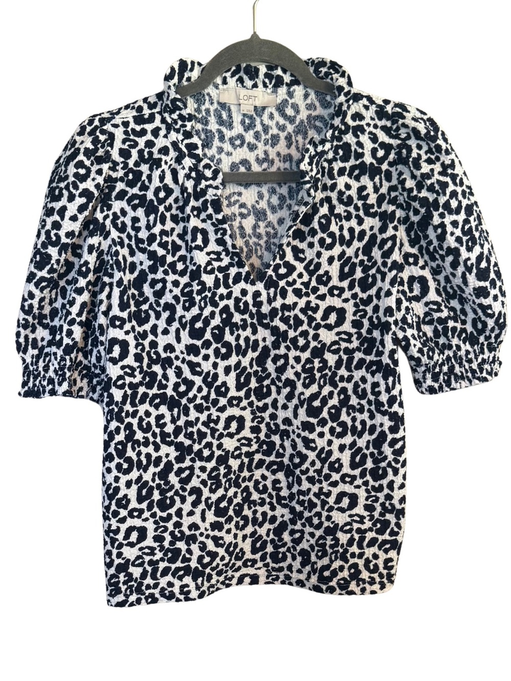 LOFT Navy & White Leopard Print Puff Sleeve Top